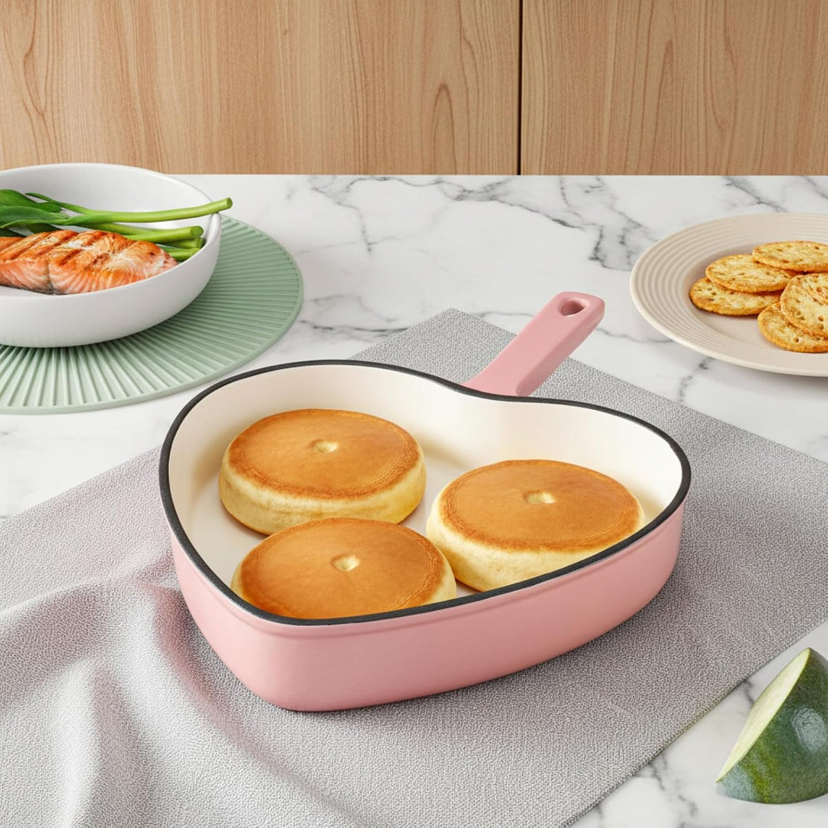9.2 Inch Enameled Cast Iron Heart Shaped Frying Pan, Pink Nonstick Heart Skillet for Oven and Stovetop, Mother's Day Kitchen Cooking Gift