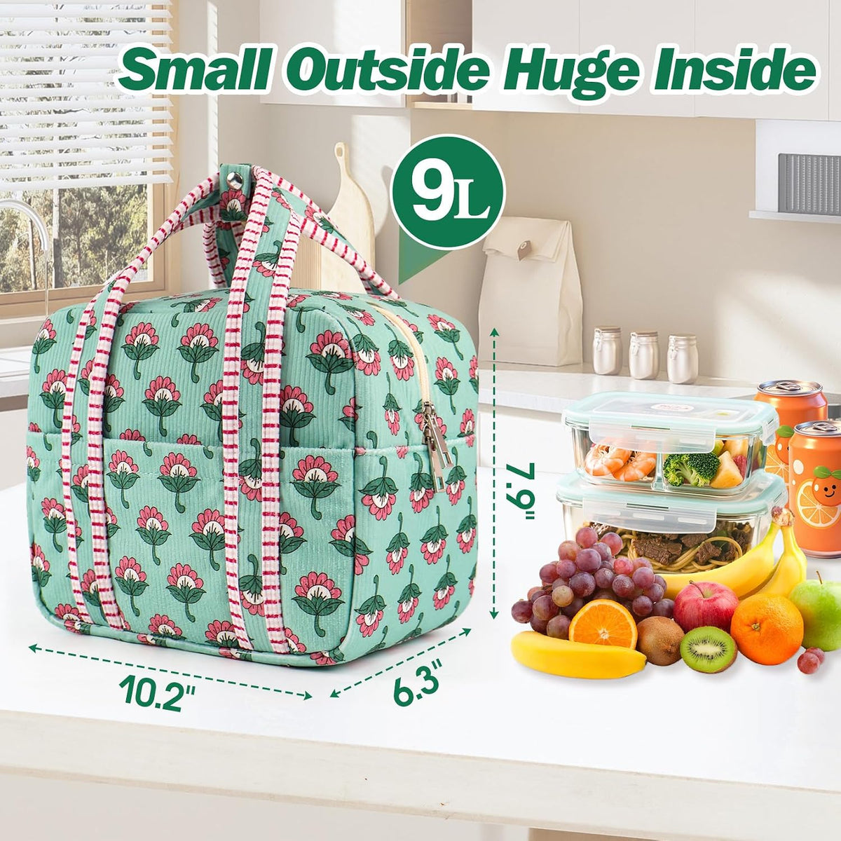 Aesthetic Corduroy Insulated Lunch Bag for Women Floral Lunch Box