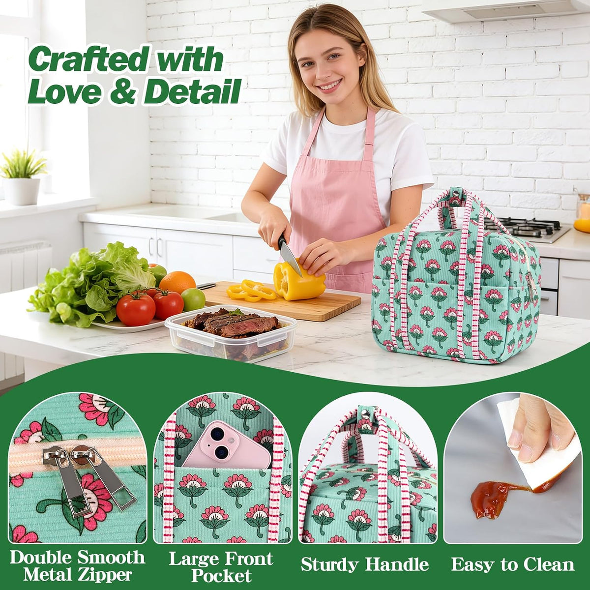 Aesthetic Corduroy Insulated Lunch Bag for Women Floral Lunch Box