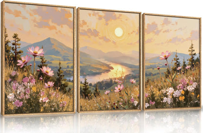 Large Boho Sunset Wildflower Framed Canvas Wall Art -16"x24"x3