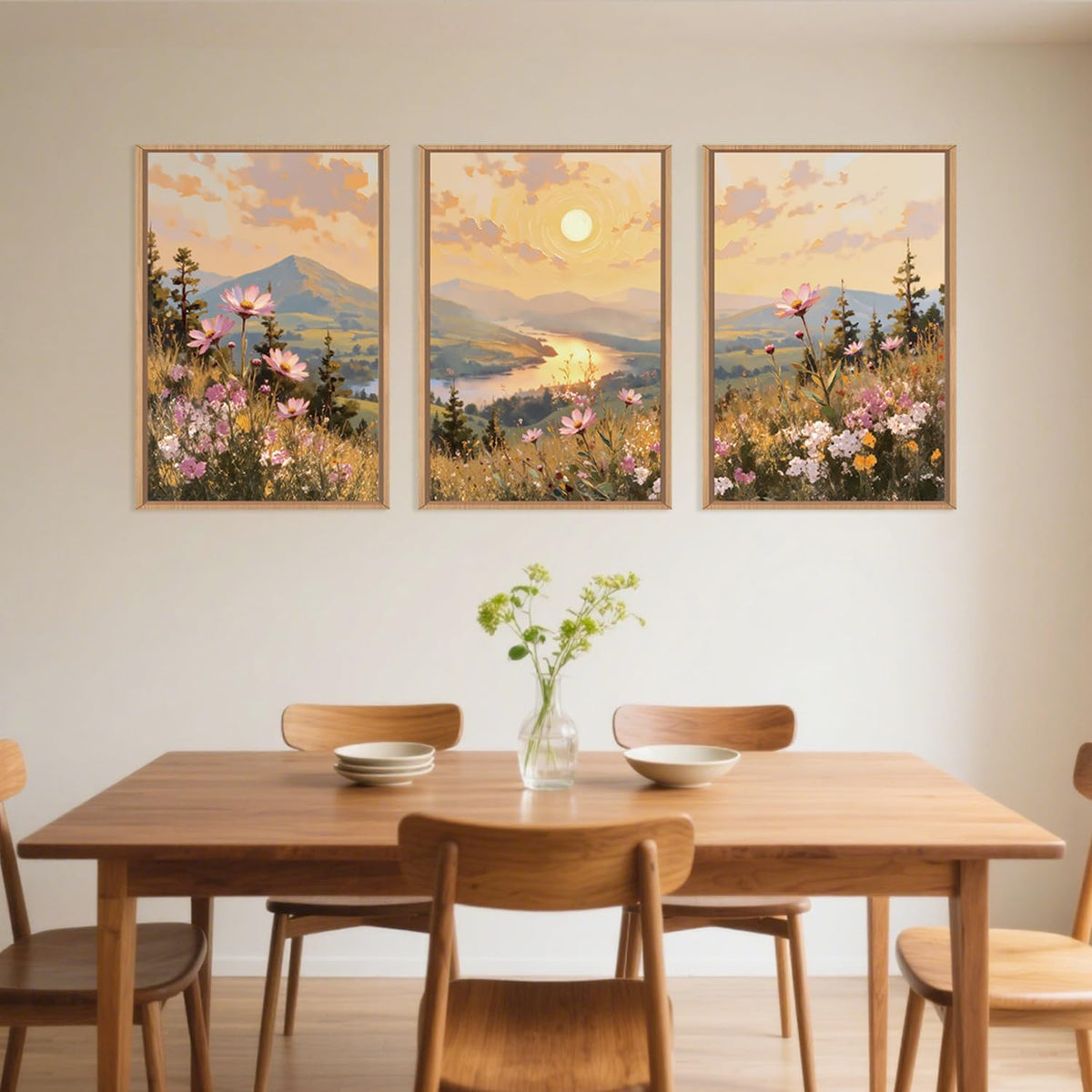 Large Boho Sunset Wildflower Framed Canvas Wall Art -16"x24"x3