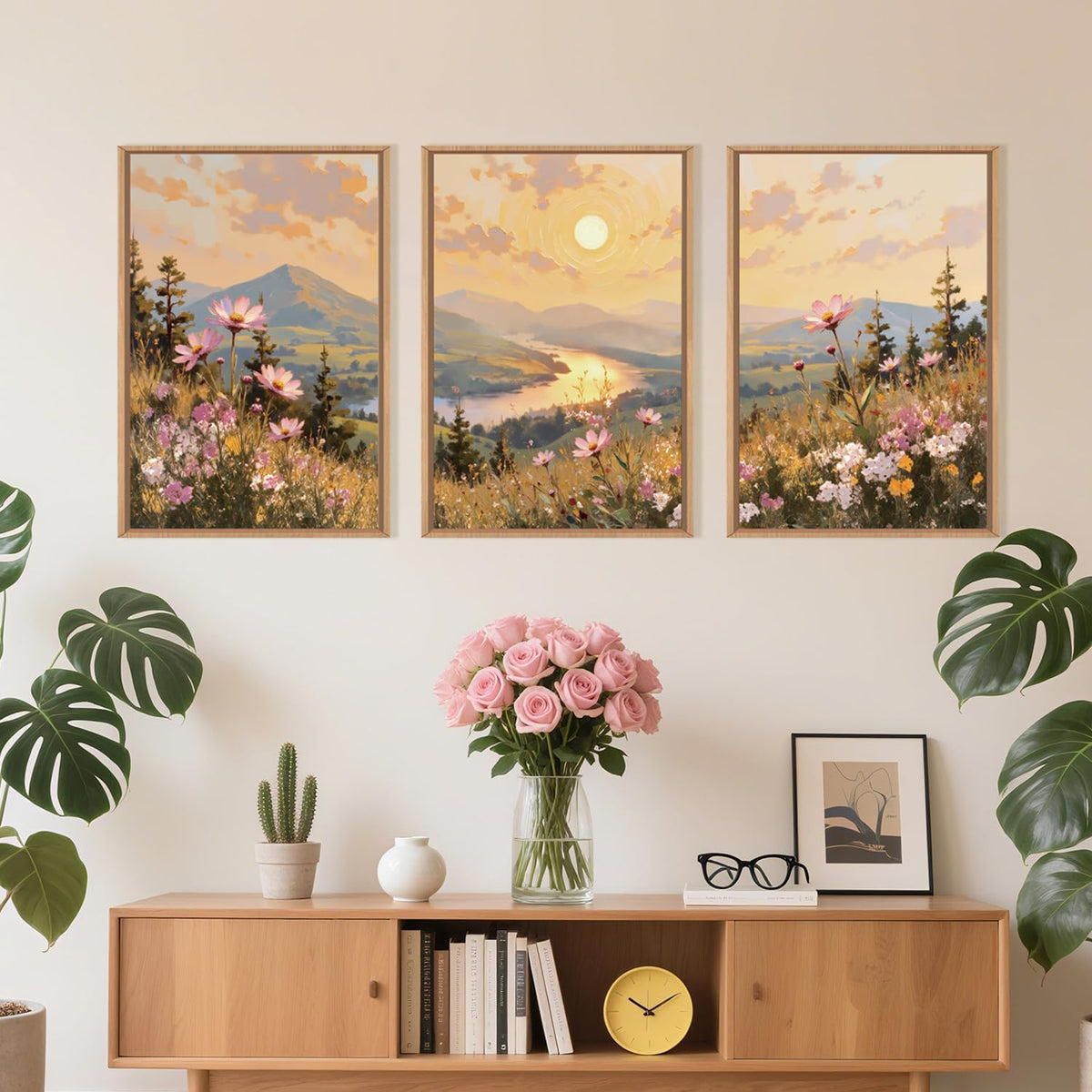 Large Boho Sunset Wildflower Framed Canvas Wall Art -16"x24"x3