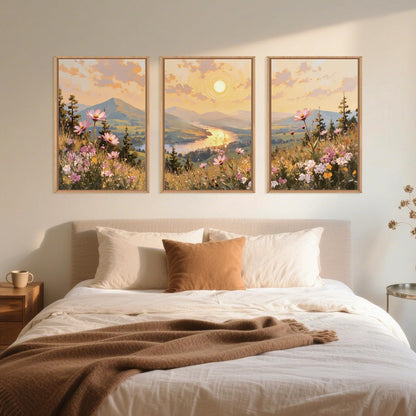 Large Boho Sunset Wildflower Framed Canvas Wall Art -16"x24"x3