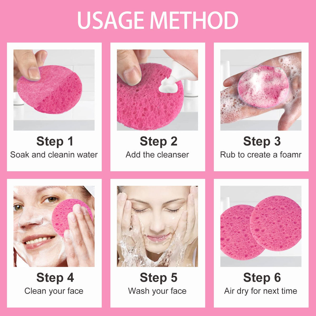 50-Count Compressed Facial Sponges, Pink Cellulose Daily Facial Cleaning