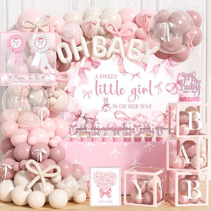 Pink Bow Baby Shower Decorations Kit – 144 Pcs Complete Coquette Baby Shower Party Supplies for Girl Pink Bow Themed Party Décor