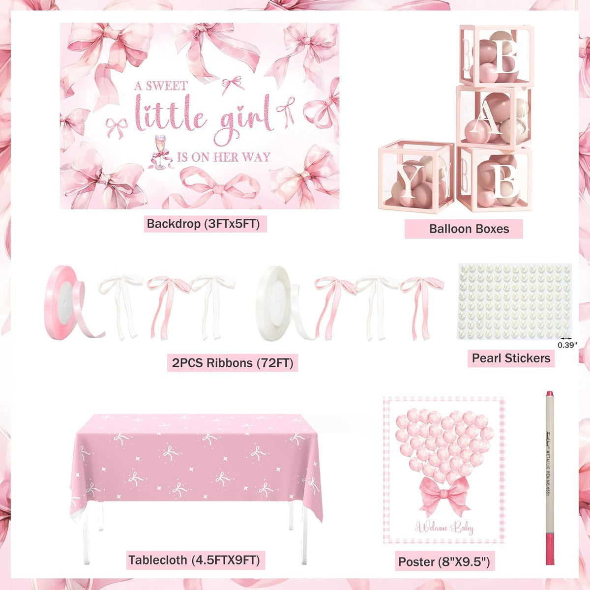Pink Bow Baby Shower Decorations Kit – 144 Pcs Complete Coquette Baby Shower Party Supplies for Girl Pink Bow Themed Party Décor