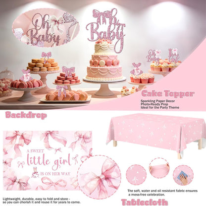 Pink Bow Baby Shower Decorations Kit – 144 Pcs Complete Coquette Baby Shower Party Supplies for Girl Pink Bow Themed Party Décor