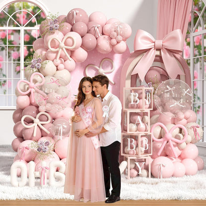 Pink Bow Baby Shower Decorations Kit – 144 Pcs Complete Coquette Baby Shower Party Supplies for Girl Pink Bow Themed Party Décor