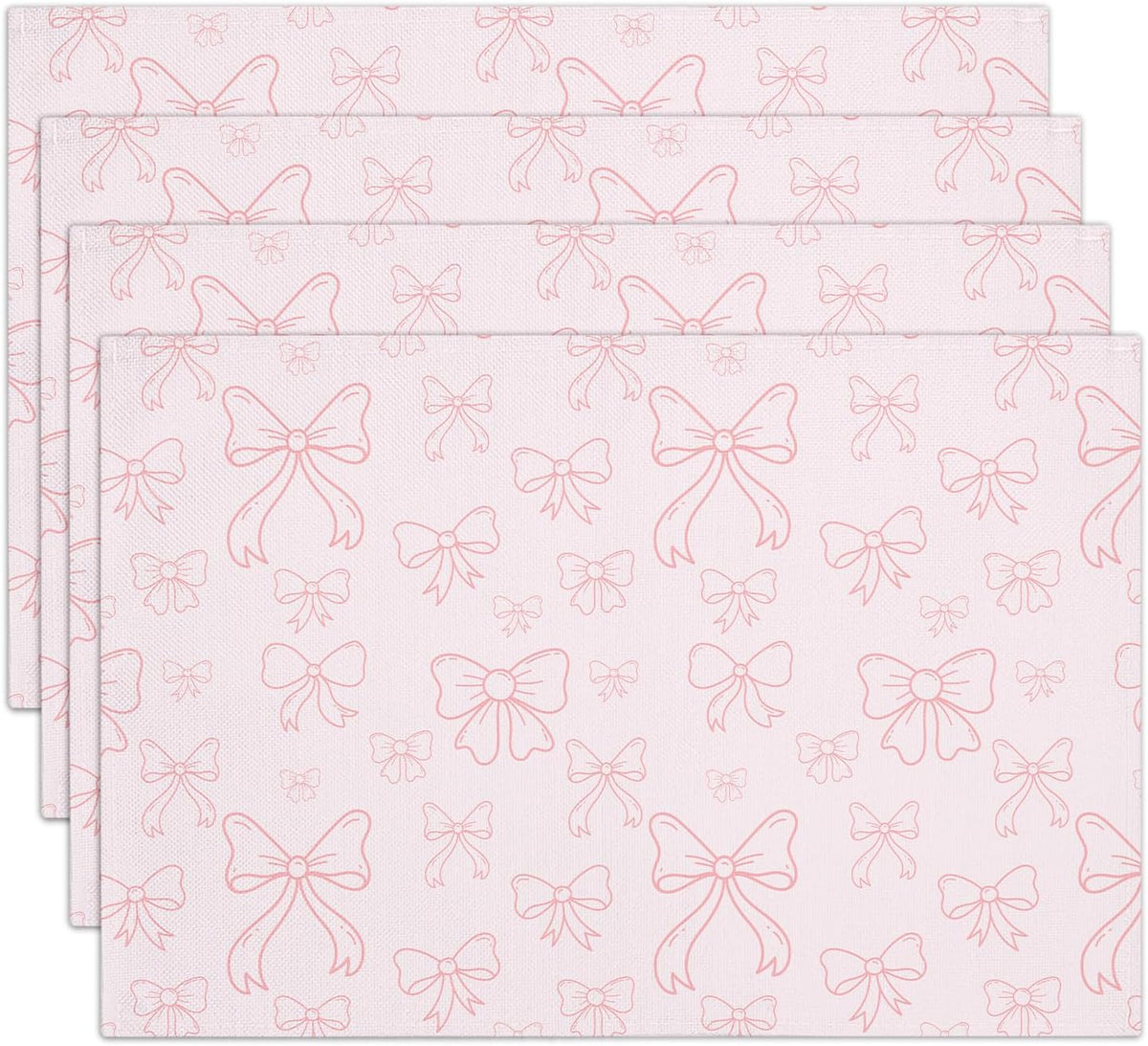 Pink Bow Cotton Linen Placemats Set of 4, 12x18 Table Mat for Family Dinners Wedding Parties Restaurant Kitchen Decoration, Waterproof Washable Heat Resistant Place Mats -a10