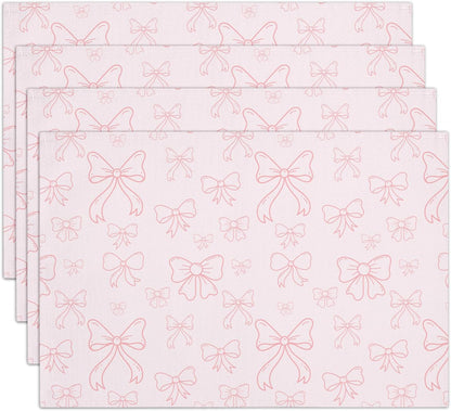 Pink Bow Cotton Linen Placemats Set of 4, 12x18 Table Mat for Family Dinners Wedding Parties Restaurant Kitchen Decoration, Waterproof Washable Heat Resistant Place Mats -a10