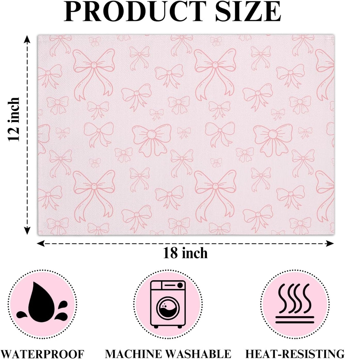 Pink Bow Cotton Linen Placemats Set of 4, 12x18 Table Mat for Family Dinners Wedding Parties Restaurant Kitchen Decoration, Waterproof Washable Heat Resistant Place Mats -a10
