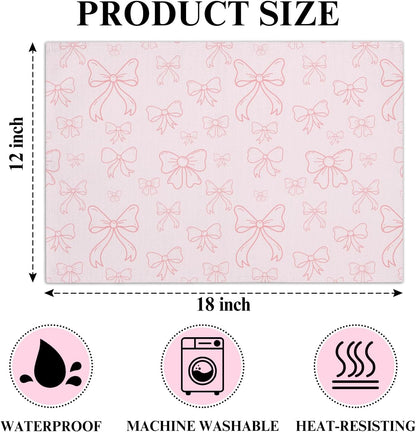 Pink Bow Cotton Linen Placemats Set of 4, 12x18 Table Mat for Family Dinners Wedding Parties Restaurant Kitchen Decoration, Waterproof Washable Heat Resistant Place Mats -a10