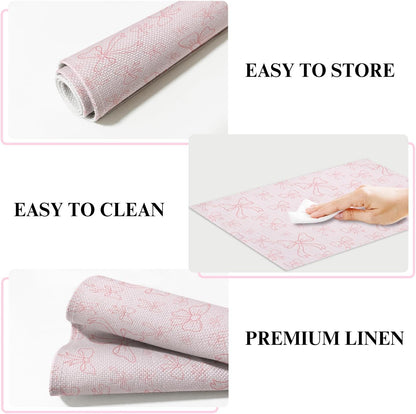 Pink Bow Cotton Linen Placemats Set of 4, 12x18 Table Mat for Family Dinners Wedding Parties Restaurant Kitchen Decoration, Waterproof Washable Heat Resistant Place Mats -a10