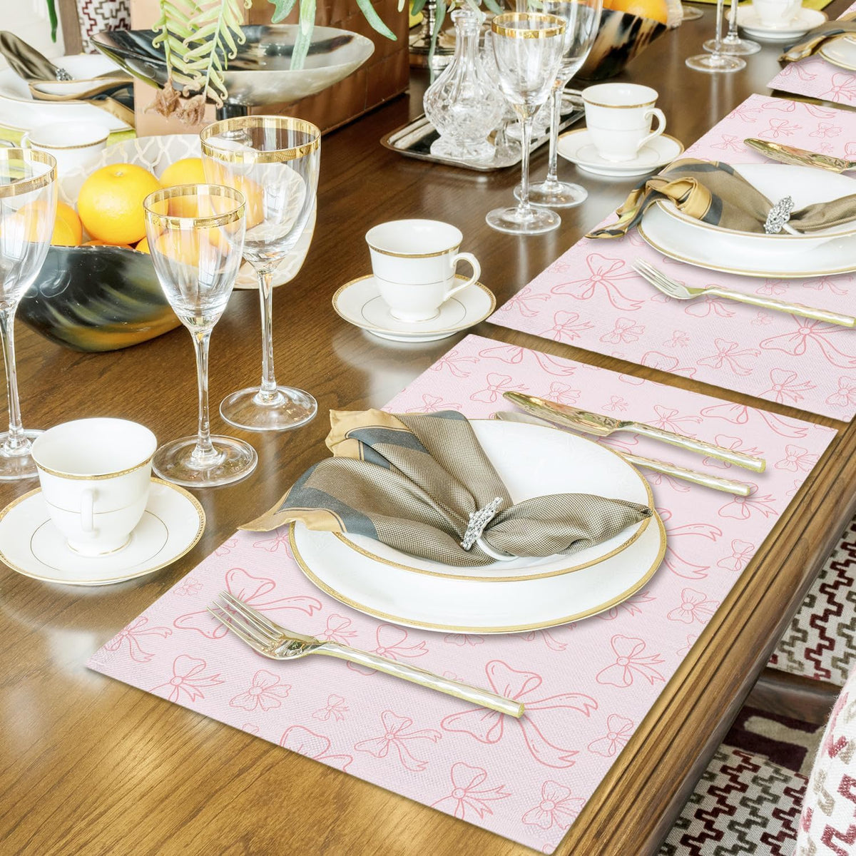 Pink Bow Cotton Linen Placemats Set of 4, 12x18 Table Mat for Family Dinners Wedding Parties Restaurant Kitchen Decoration, Waterproof Washable Heat Resistant Place Mats -a10