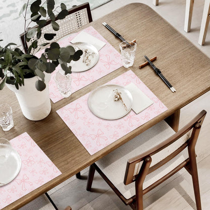 Pink Bow Cotton Linen Placemats Set of 4, 12x18 Table Mat for Family Dinners Wedding Parties Restaurant Kitchen Decoration, Waterproof Washable Heat Resistant Place Mats -a10