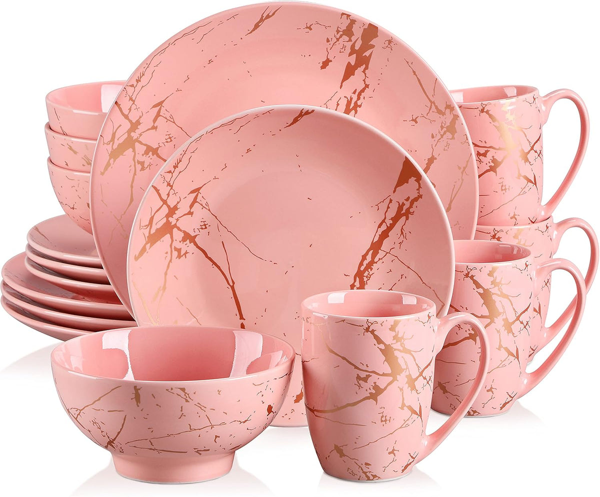 Pink Dinnerware Set for 4, 16 Piece Porcelain Dish With Plates, Bowls and Mugs, Gold Splash Glaze Round Modern Ceramic Dinner Set, Dishwasher Microwave Safe