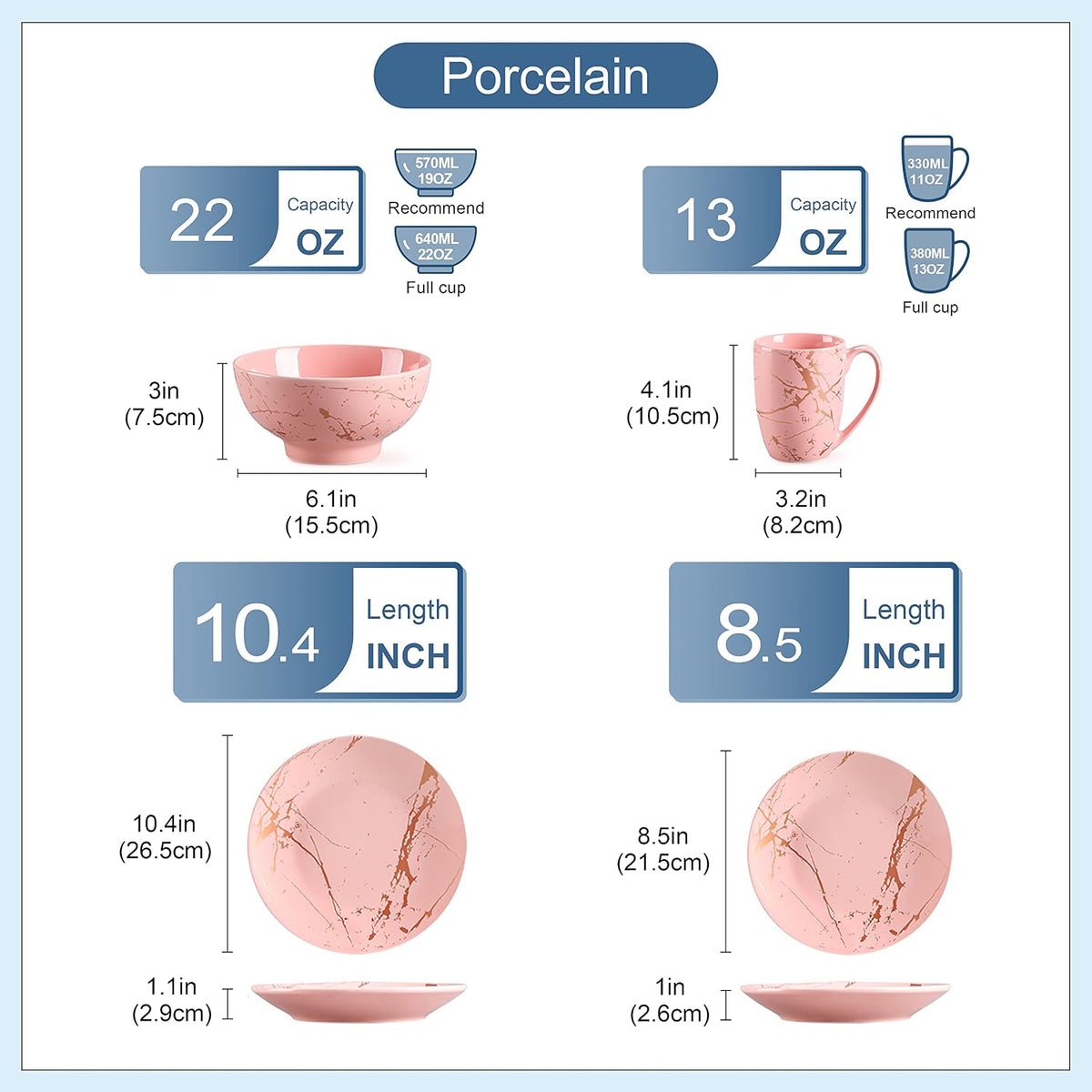 Pink Dinnerware Set for 4, 16 Piece Porcelain Dish With Plates, Bowls and Mugs, Gold Splash Glaze Round Modern Ceramic Dinner Set, Dishwasher Microwave Safe