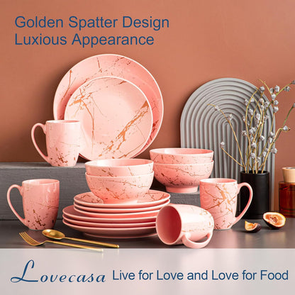 Pink Dinnerware Set for 4, 16 Piece Porcelain Dish With Plates, Bowls and Mugs, Gold Splash Glaze Round Modern Ceramic Dinner Set, Dishwasher Microwave Safe