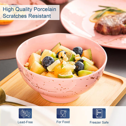 Pink Dinnerware Set for 4, 16 Piece Porcelain Dish With Plates, Bowls and Mugs, Gold Splash Glaze Round Modern Ceramic Dinner Set, Dishwasher Microwave Safe
