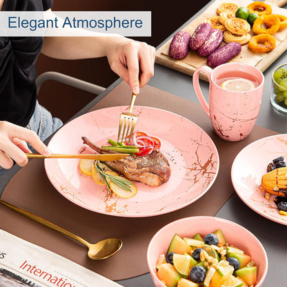 Pink Dinnerware Set for 4, 16 Piece Porcelain Dish With Plates, Bowls and Mugs, Gold Splash Glaze Round Modern Ceramic Dinner Set, Dishwasher Microwave Safe