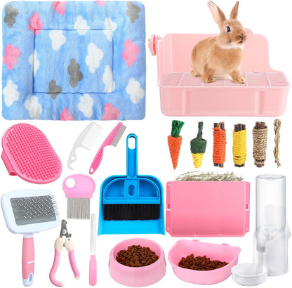 20 Pcs Rabbit Starter Kit Small Bunny Litter Box Animal Grooming Kit with Hanging Pet Bowls Water Bottle Bunny Toys Flannel Blankets with Cleaning Set for Guinea Pig Rabbit Accessories(Pink)