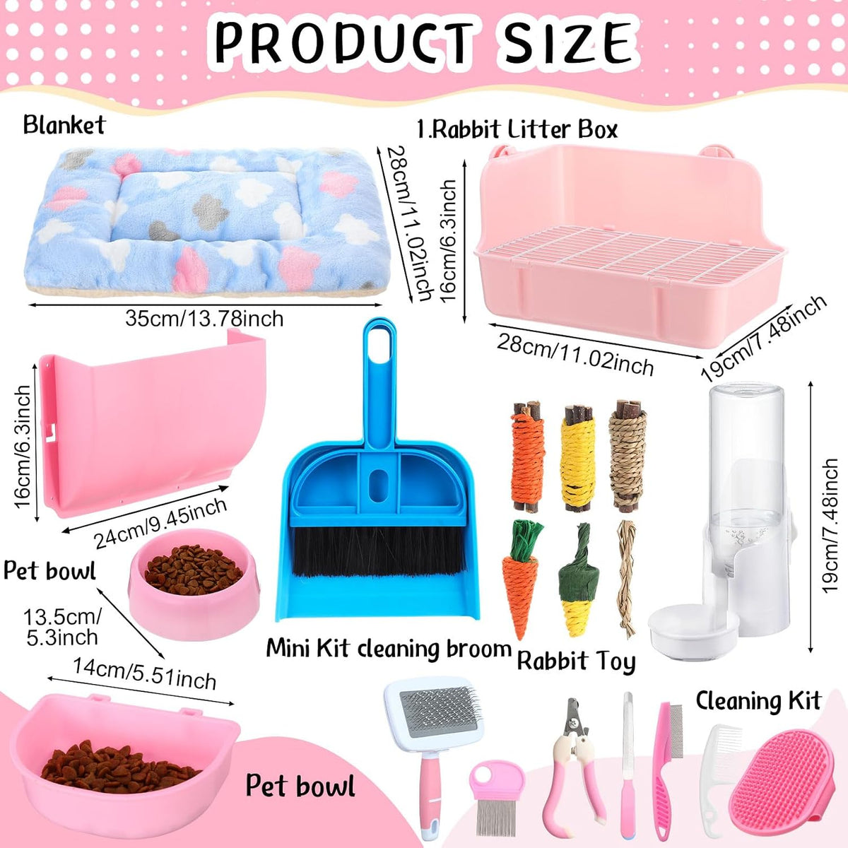 20 Pcs Rabbit Starter Kit Small Bunny Litter Box Animal Grooming Kit with Hanging Pet Bowls Water Bottle Bunny Toys Flannel Blankets with Cleaning Set for Guinea Pig Rabbit Accessories(Pink)