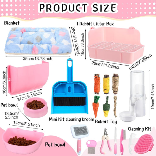 20 Pcs Rabbit Starter Kit Small Bunny Litter Box Animal Grooming Kit with Hanging Pet Bowls Water Bottle Bunny Toys Flannel Blankets with Cleaning Set for Guinea Pig Rabbit Accessories(Pink)