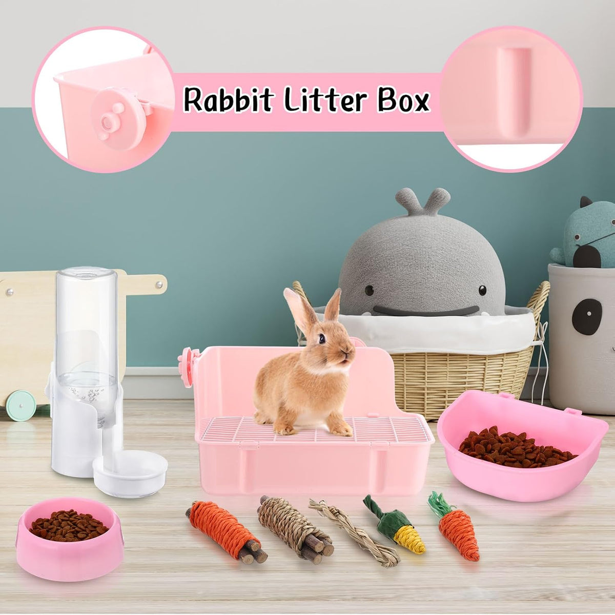 20 Pcs Rabbit Starter Kit Small Bunny Litter Box Animal Grooming Kit with Hanging Pet Bowls Water Bottle Bunny Toys Flannel Blankets with Cleaning Set for Guinea Pig Rabbit Accessories(Pink)