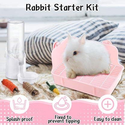 20 Pcs Rabbit Starter Kit Small Bunny Litter Box Animal Grooming Kit with Hanging Pet Bowls Water Bottle Bunny Toys Flannel Blankets with Cleaning Set for Guinea Pig Rabbit Accessories(Pink)