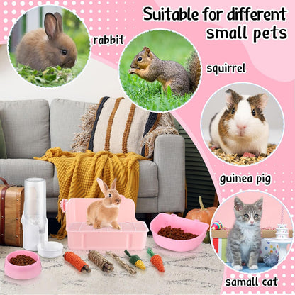 20 Pcs Rabbit Starter Kit Small Bunny Litter Box Animal Grooming Kit with Hanging Pet Bowls Water Bottle Bunny Toys Flannel Blankets with Cleaning Set for Guinea Pig Rabbit Accessories(Pink)