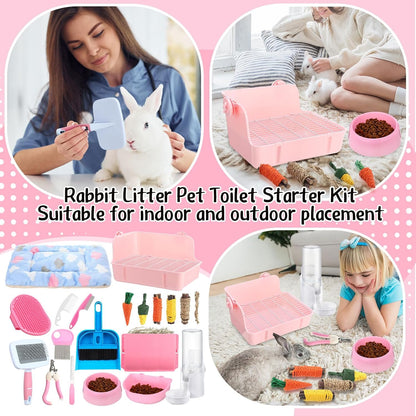 20 Pcs Rabbit Starter Kit Small Bunny Litter Box Animal Grooming Kit with Hanging Pet Bowls Water Bottle Bunny Toys Flannel Blankets with Cleaning Set for Guinea Pig Rabbit Accessories(Pink)