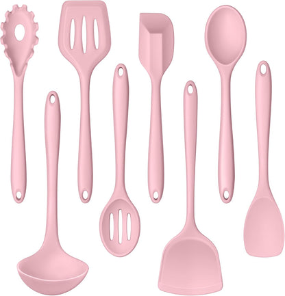 Pink Silicone Cooking Utensils Set of 8, Non-Toxic Kitchen Utensils