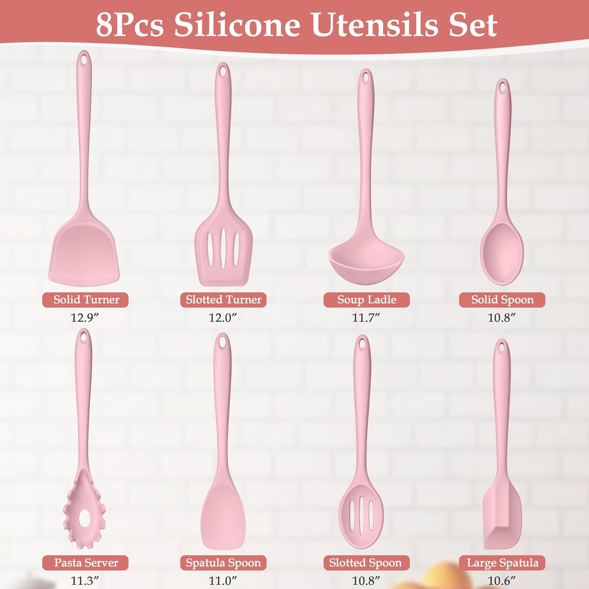 Pink Silicone Cooking Utensils Set of 8, Non-Toxic Kitchen Utensils