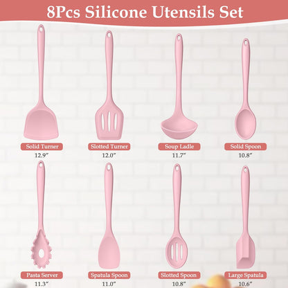 Pink Silicone Cooking Utensils Set of 8, Non-Toxic Kitchen Utensils