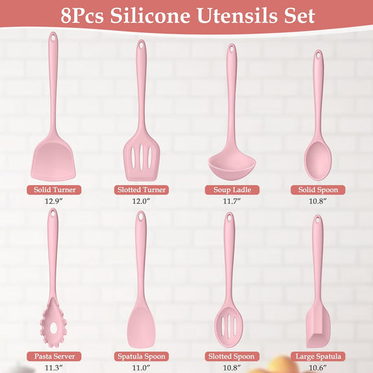 Pink Silicone Cooking Utensils Set of 8, Non-Toxic Kitchen Utensils