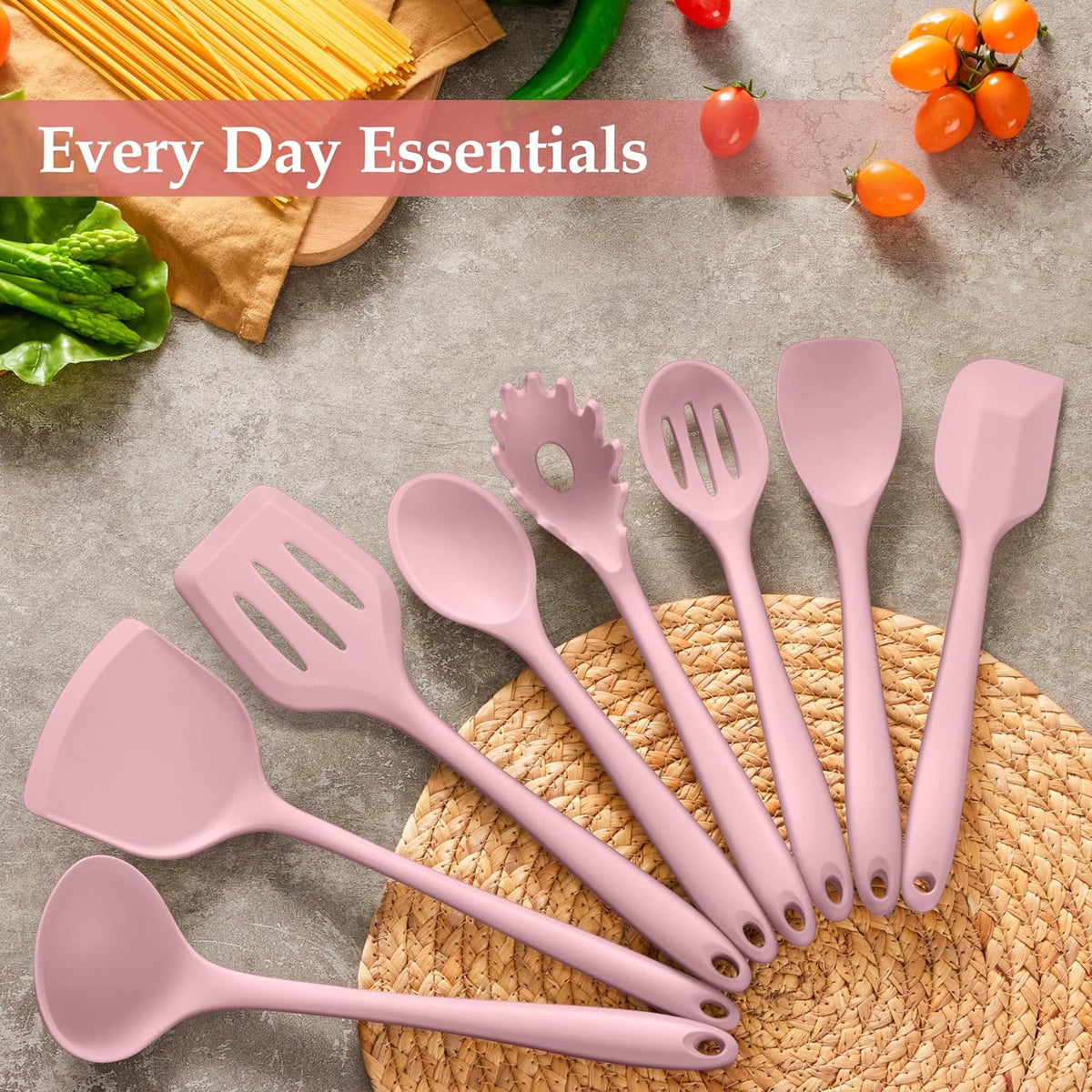 Pink Silicone Cooking Utensils Set of 8, Non-Toxic Kitchen Utensils