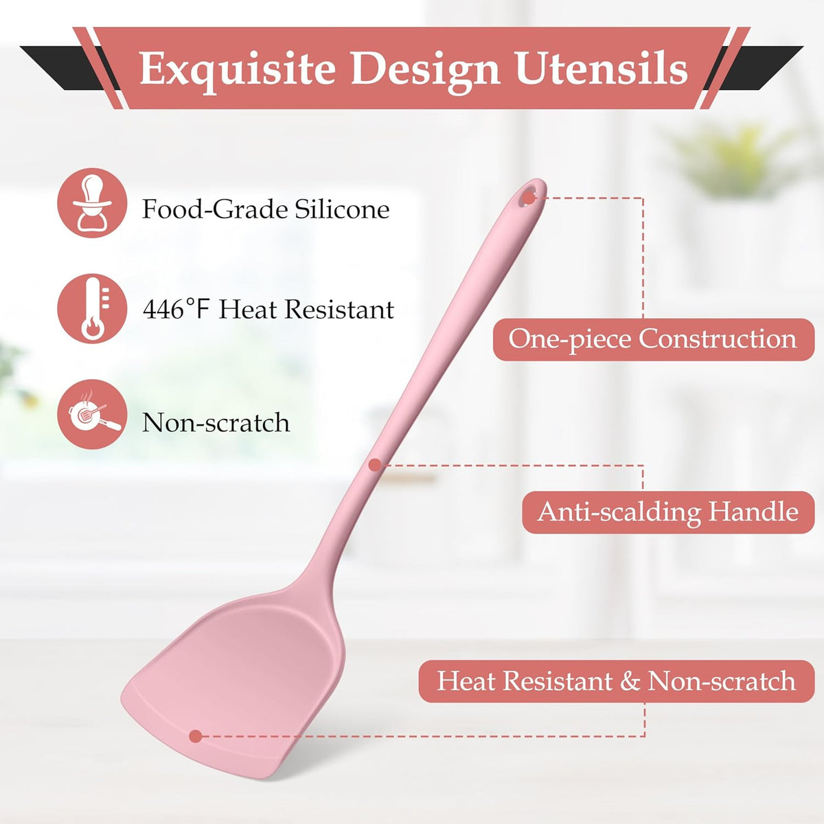 Pink Silicone Cooking Utensils Set of 8, Non-Toxic Kitchen Utensils