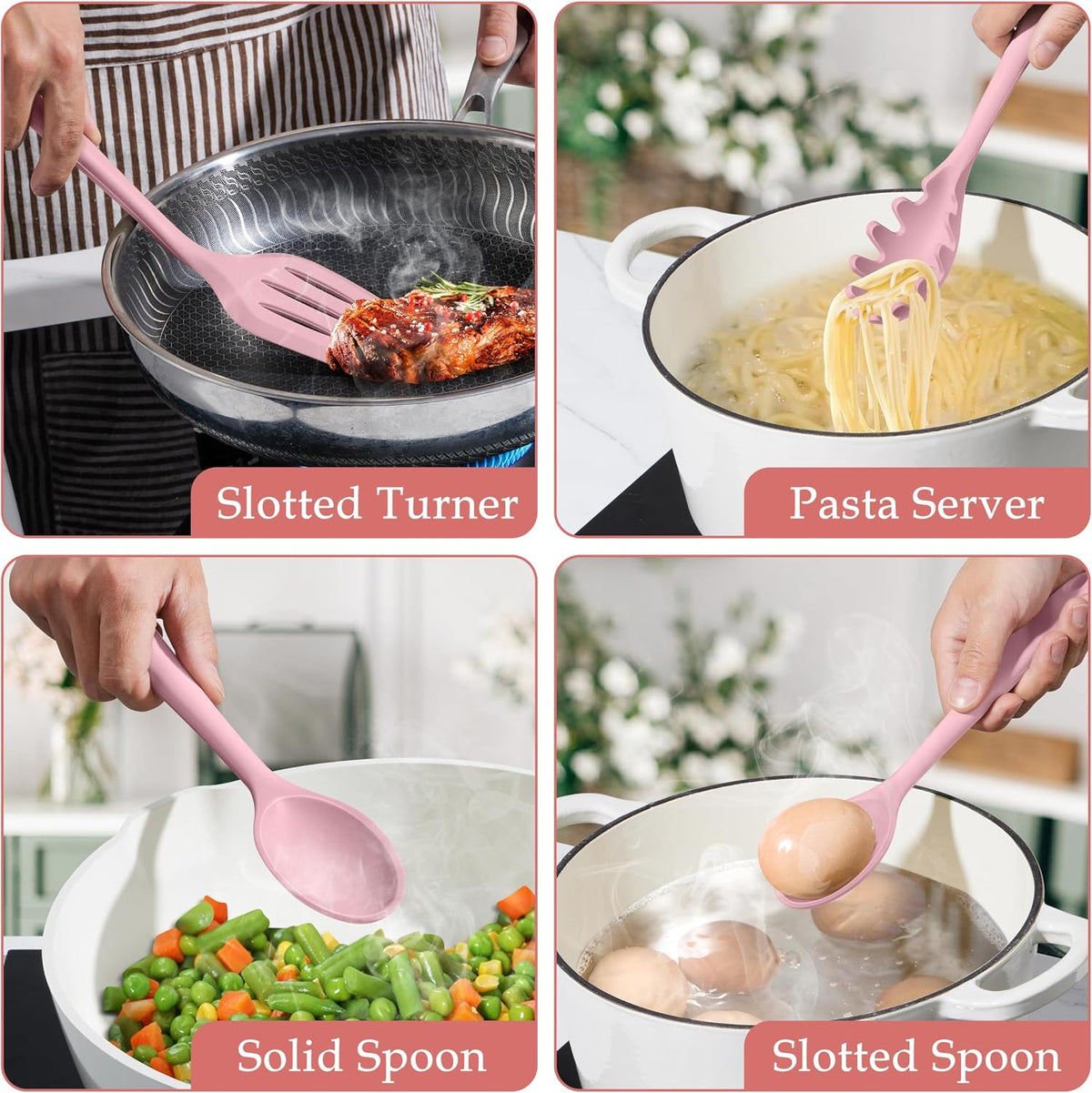 Pink Silicone Cooking Utensils Set of 8, Non-Toxic Kitchen Utensils