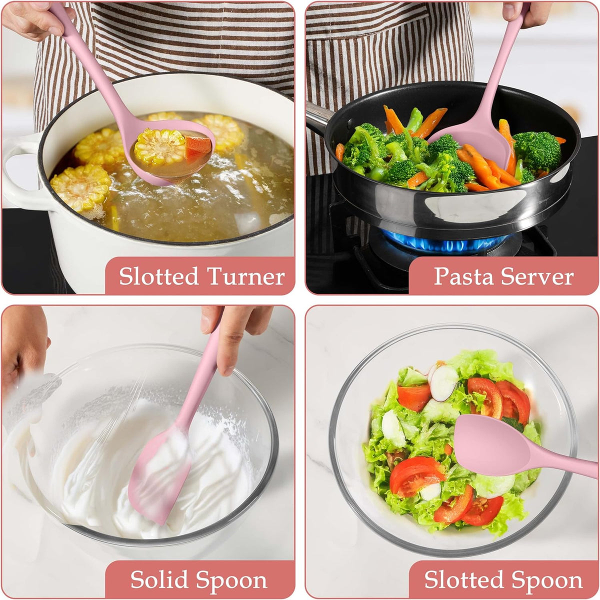 Pink Silicone Cooking Utensils Set of 8, Non-Toxic Kitchen Utensils