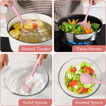 Pink Silicone Cooking Utensils Set of 8, Non-Toxic Kitchen Utensils