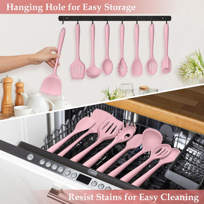 Pink Silicone Cooking Utensils Set of 8, Non-Toxic Kitchen Utensils