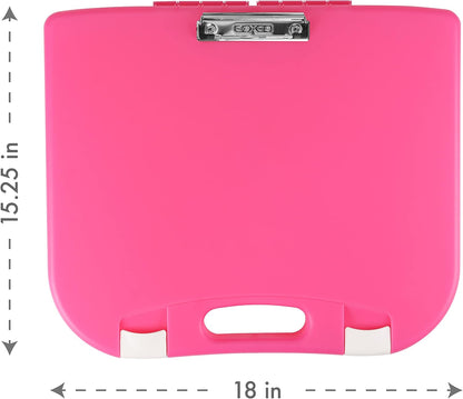 Portable Lap Desk with Storage, Integrated Handle, Exterior Wire Clip, 18”x 15.25”x 1.38” Pink w/White Latch