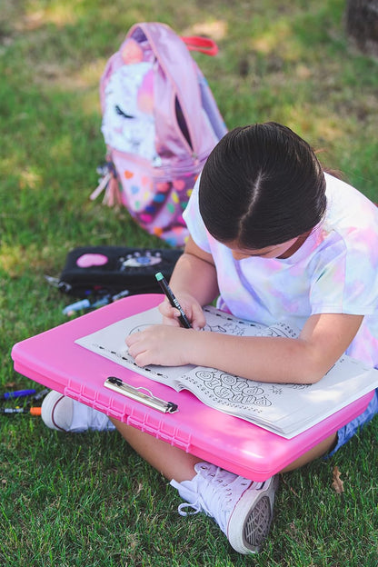 Portable Lap Desk with Storage, Integrated Handle, Exterior Wire Clip, 18”x 15.25”x 1.38” Pink w/White Latch
