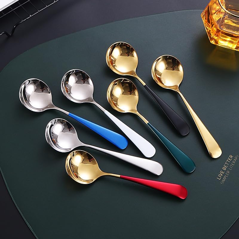 Silverware Flatware Cutlery Set, 1/4/6/8/10/12 Pieces 304 Stainless Steel Dessert Spoons, Round Head Short Handle Fruit Spoons(Pink Gold,4 Pieces)