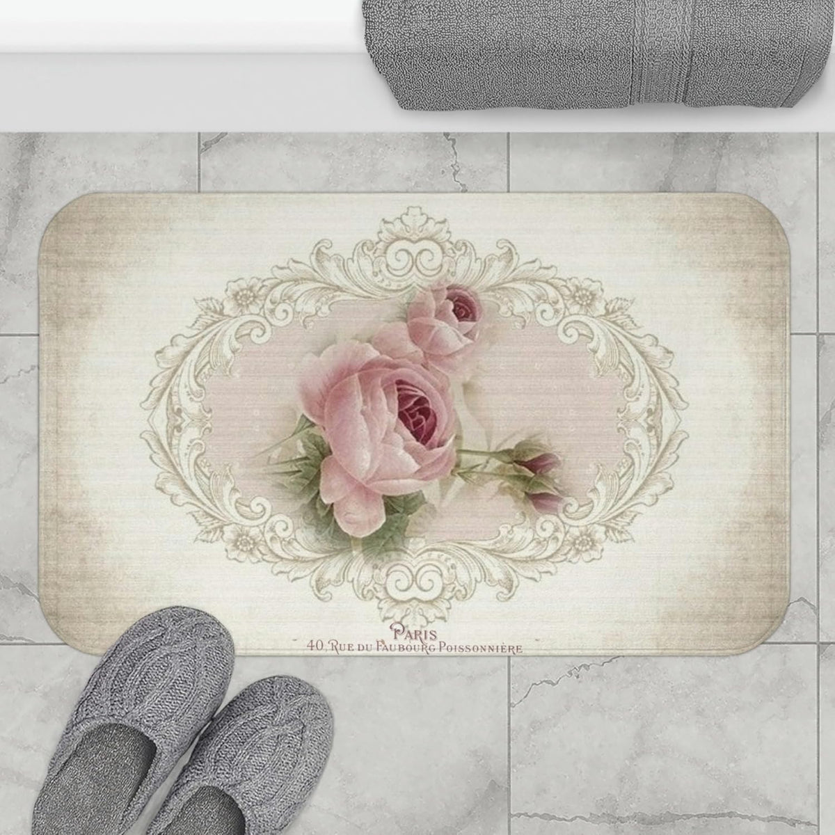 Paris Shabby Chic Indoor Carpet Bath Mat - Pink Rose, 20x32 inch