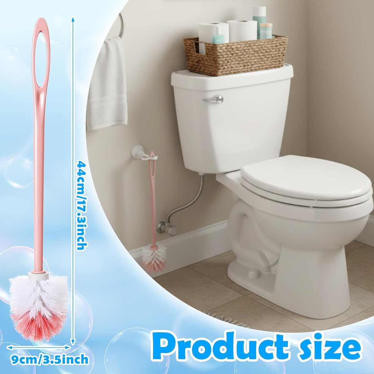 12 Pcs Extra Long Handled Toilet Brush for Bathroom 17.3 Inch Pink Toilet Brush Bulk with Hook Hole Household Cleaning Supplies Space Saving for Storage, Deep Cleaning, Nylon Bristles