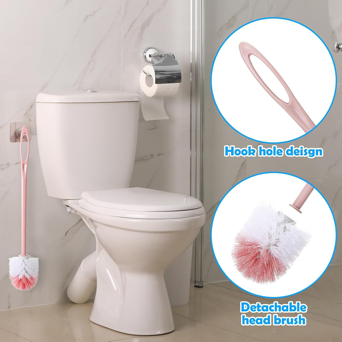 12 Pcs Extra Long Handled Toilet Brush for Bathroom 17.3 Inch Pink Toilet Brush Bulk with Hook Hole Household Cleaning Supplies Space Saving for Storage, Deep Cleaning, Nylon Bristles