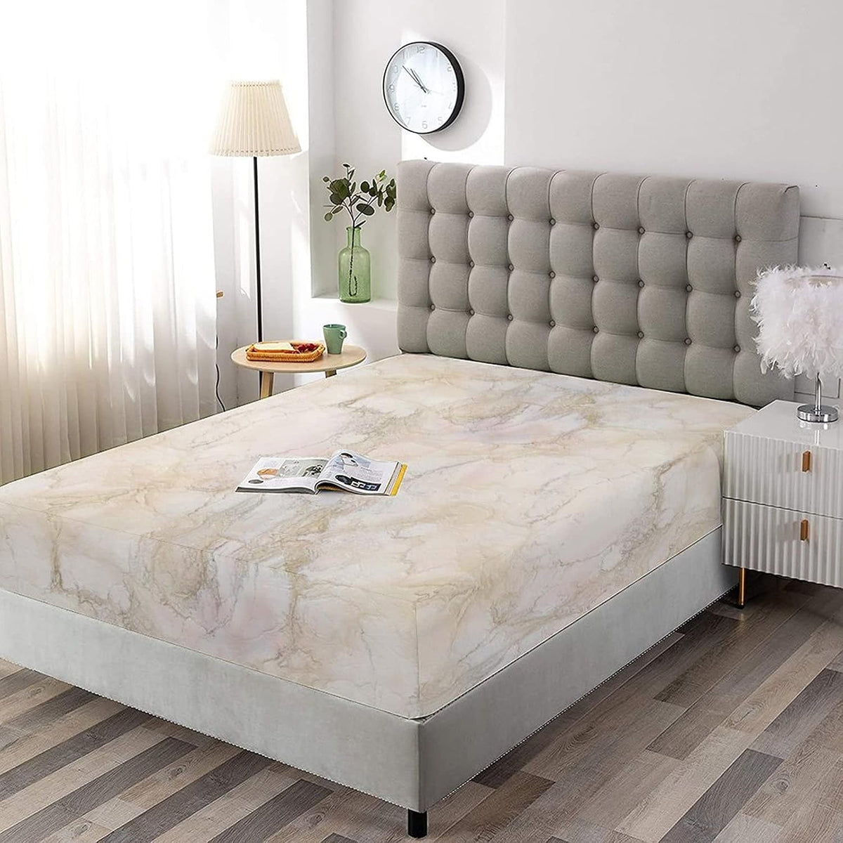 Decorative Bedding Sheet Set Cal-King Size, Marble Deep Pockets Fitted Sheet & 2 Pillow Sham Set, Pink and Peach Marble Background Crack Pattern Print Microfiber 3pc Bed Sheets Set