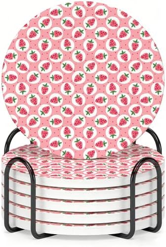 6Pcs Drink Coasters with Metal Holder, 4.1in Ceramic Coasters with Cork Base, Sweet Pink Strawberry Pattern Coaster Set for Suitable Kinds of Cups Coquette Kitchen Dining Table Decor