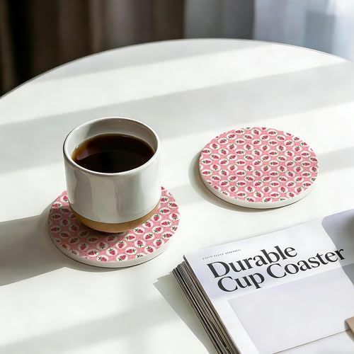 6Pcs Drink Coasters with Metal Holder, 4.1in Ceramic Coasters with Cork Base, Sweet Pink Strawberry Pattern Coaster Set for Suitable Kinds of Cups Coquette Kitchen Dining Table Decor